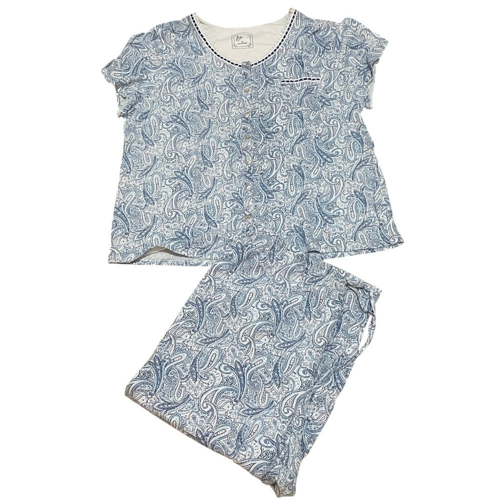 Aria Women 1X Cottage Pajamas Blue White Paisley Button Top Cotton Blend Lounge
